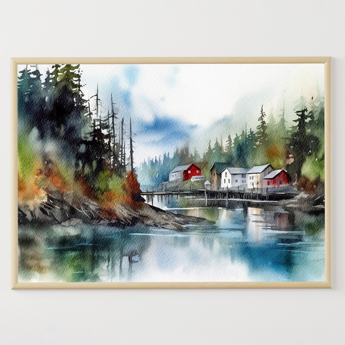 Ketchikan Alaska Watercolor Travel Poster, Pine Trees