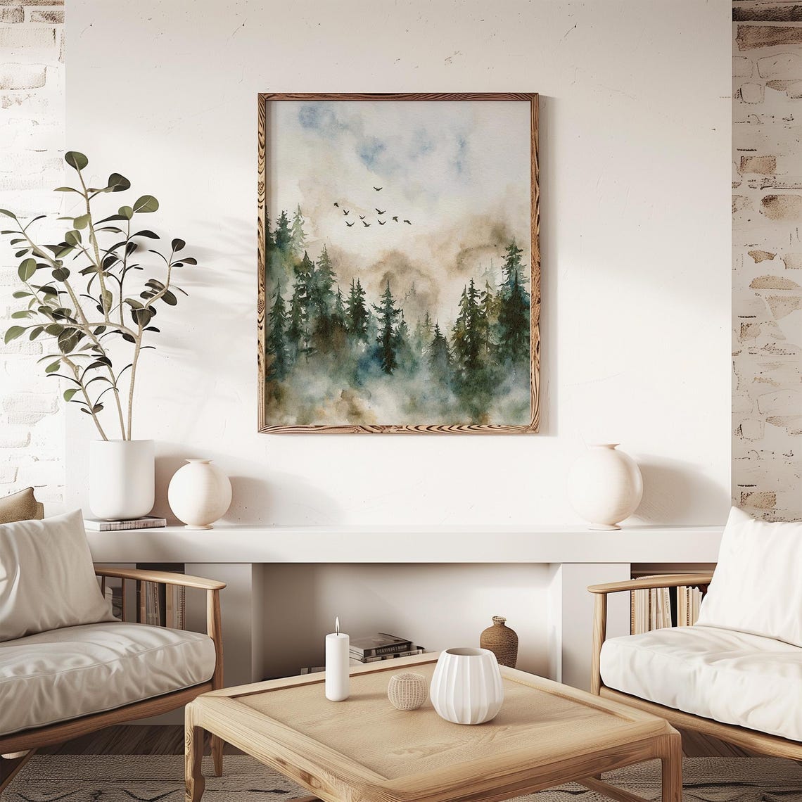 Misty Evergreen Forest Flying Birds Foggy Pine Watercolor Art Poster - Image 4