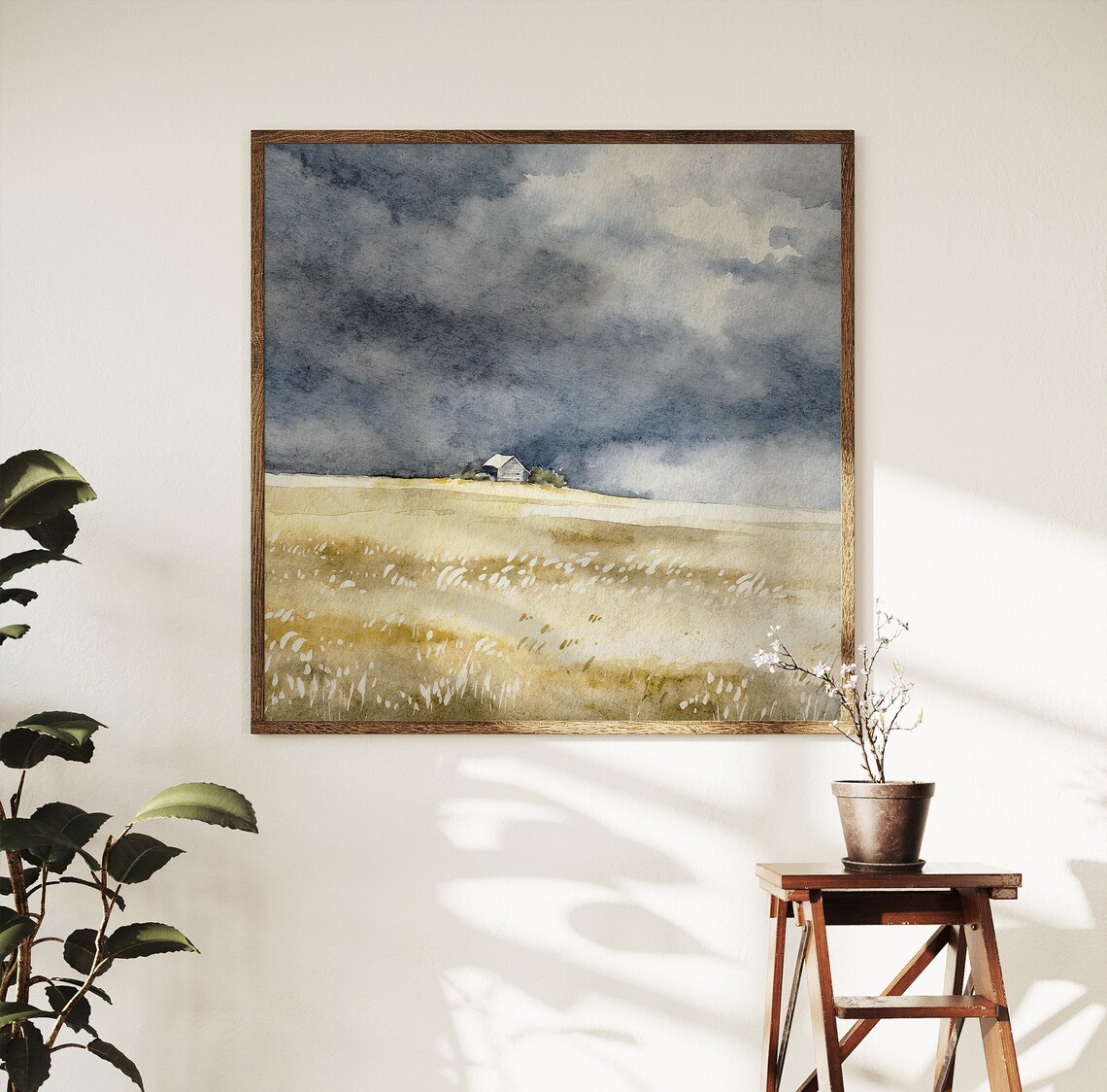 Golden Wheat Field Stormy Sky Lonely Barn Countryside Art Poster - Image 5