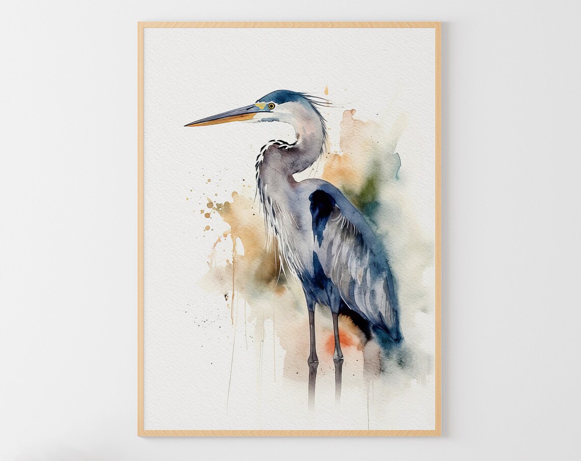 Great Blue Heron Watercolor Art Print, Coastal Bird