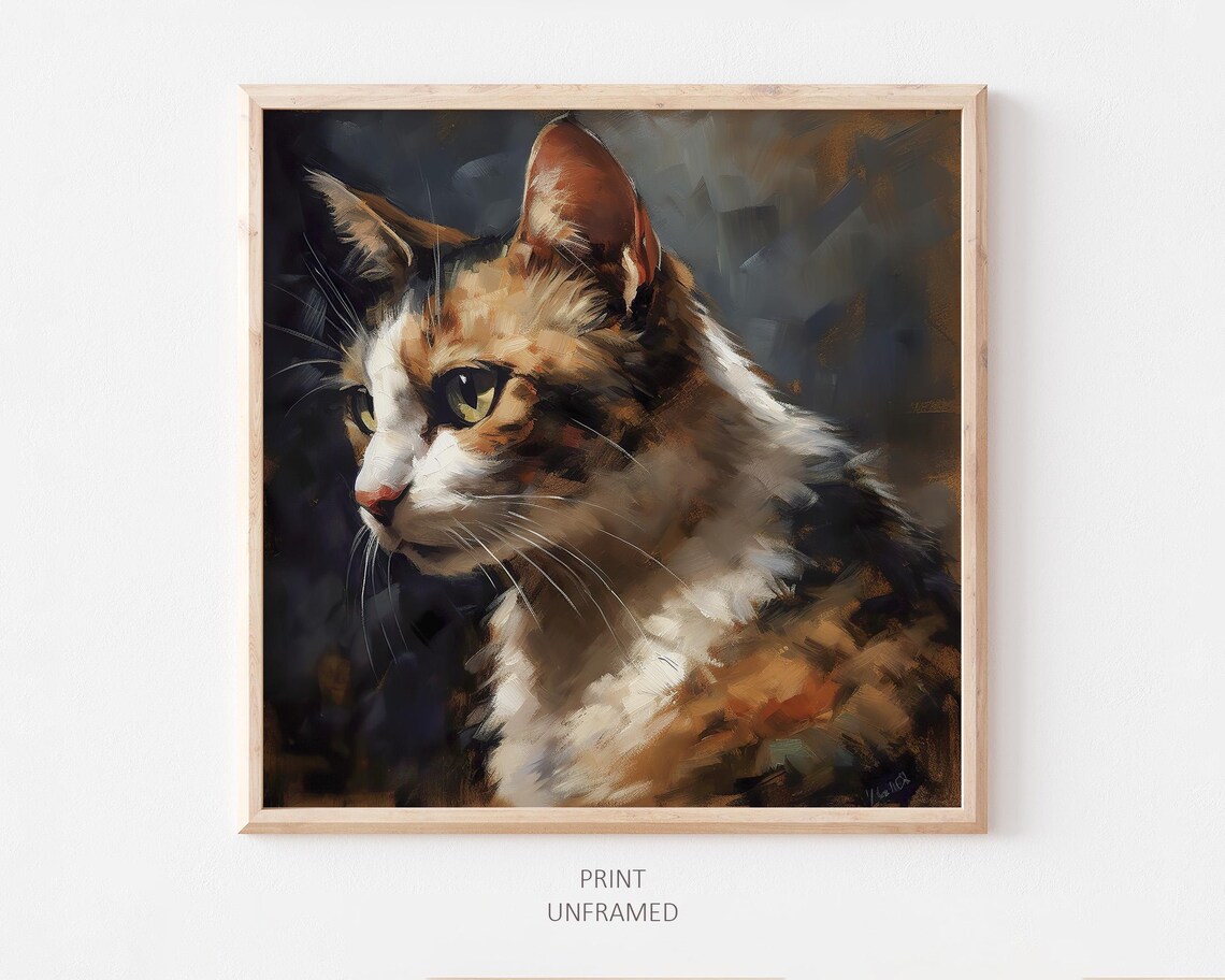 Calico Cat Oil Painting Art Print, Cat Wall Decor