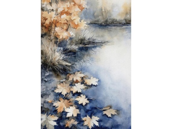 Autumn Maple Leaves Watercolor Riverside Print Fall Foliage Autumn Scene