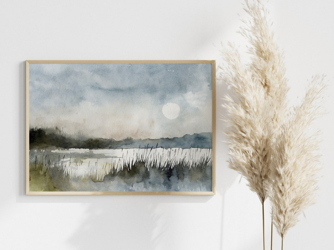Moonlit Lake Night Watercolor Full Moon Reflecting Minimalist Poster - Image 2