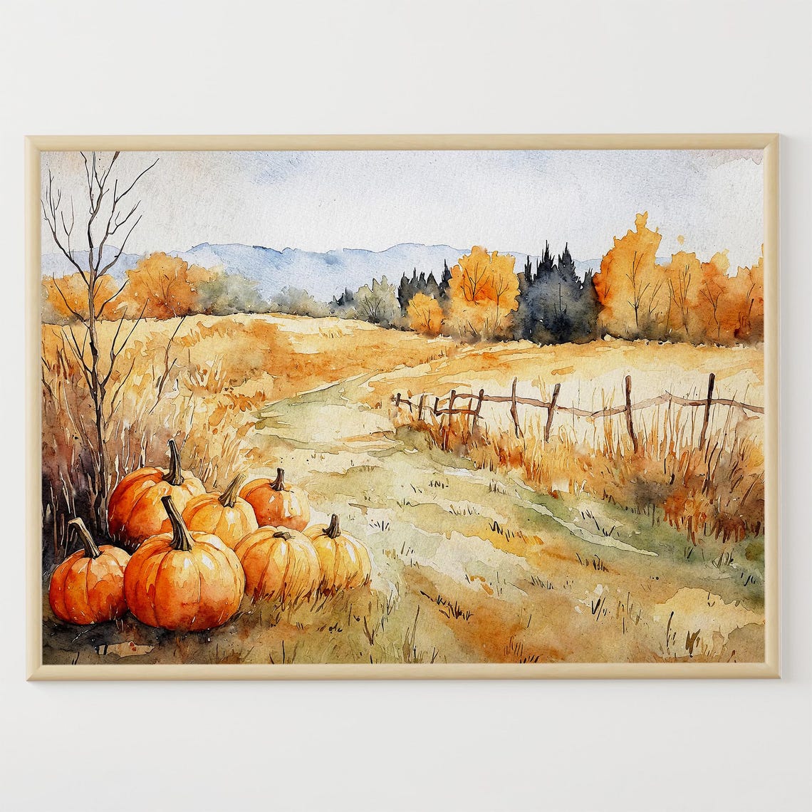 Pumpkin Patch Autumn Farm Field Golden Harvest Watercolor Scene Poster
