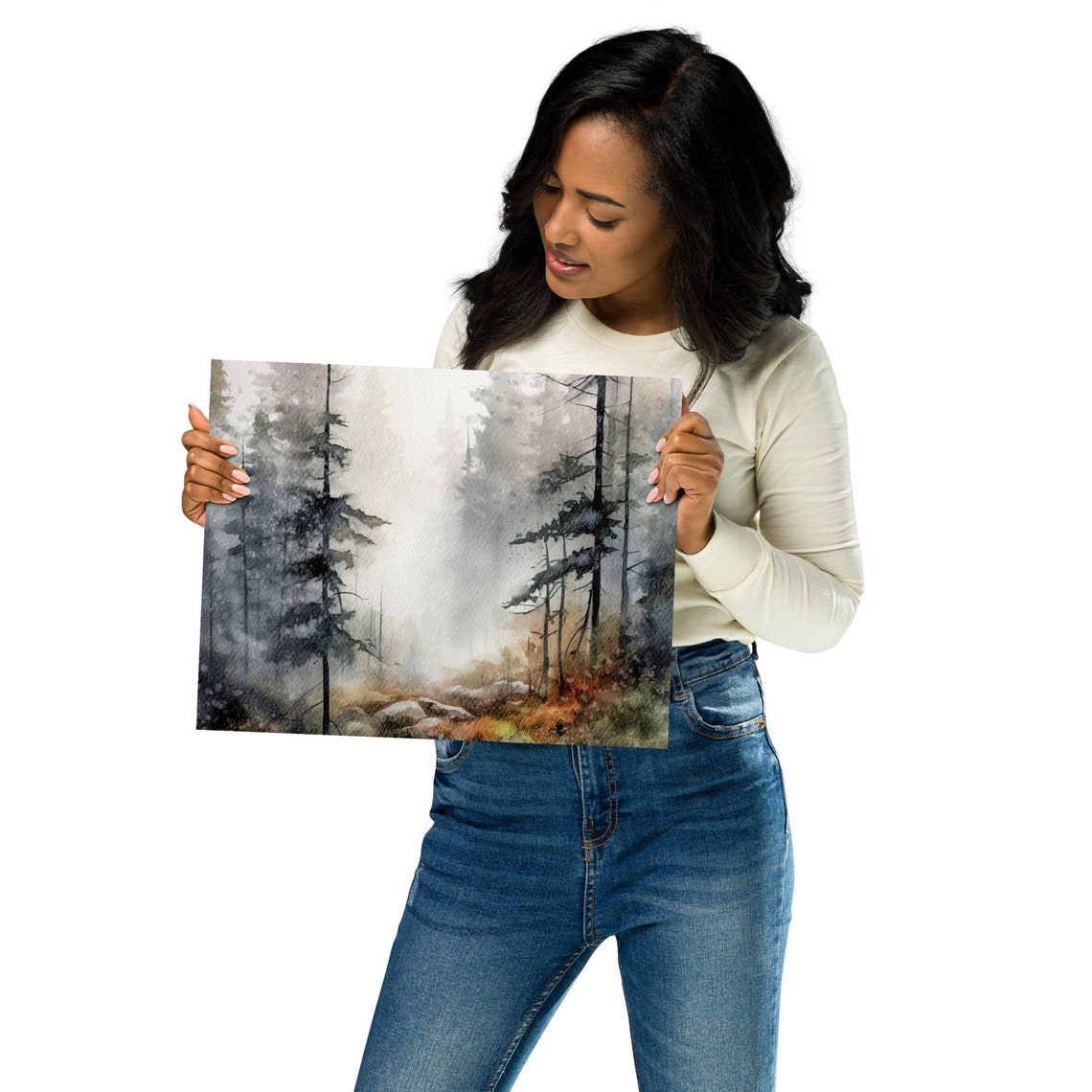 Foggy Oregon Pine Forest Watercolor Misty Tall Evergreens Woods Poster - Image 3