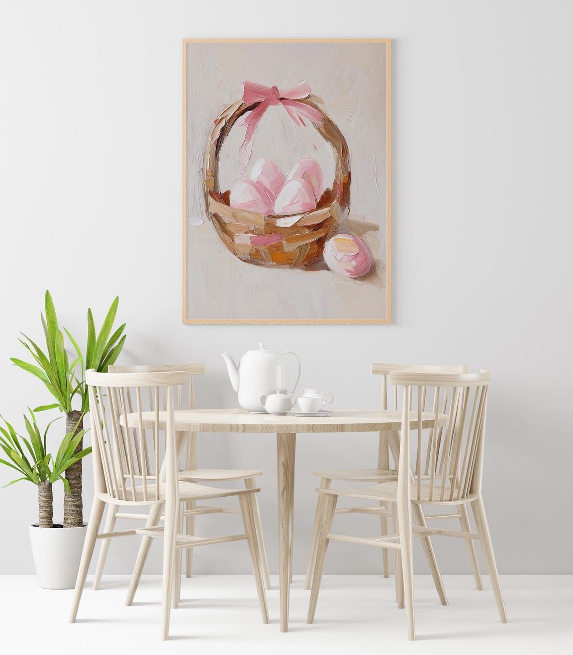 Easter Basket Pink Eggs Bow Impasto Oil Painting Spring Wall Art Print - Image 2