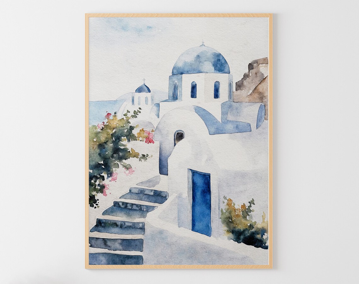 Blue Roofs of Santorini, Greek Watercolor Art Print