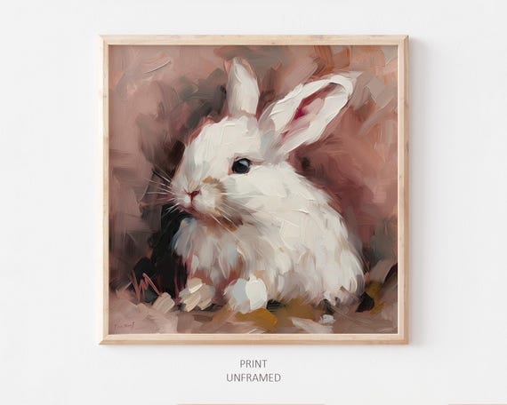 Baby Rabbit Oil Print White Rabbit Painting Animal Wall Art White Cute Print From An Oil Painting