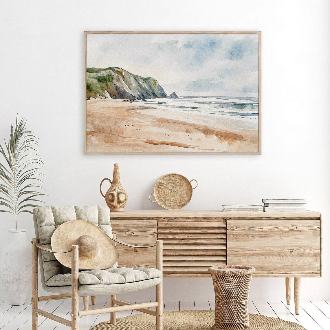 Cornwall England Sandy Beach Cliffs Neutral Seascape Art Poster - Image 5