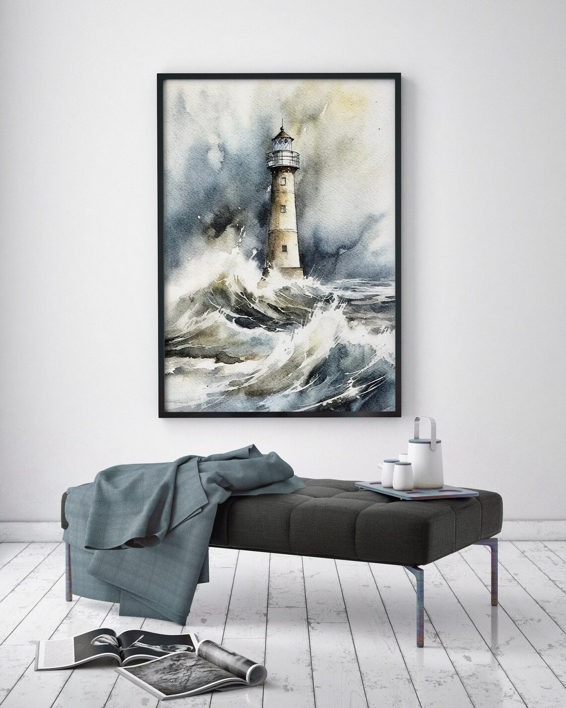Lighthouse Watercolor Storm Sea Art Print, Nautical - Image 4
