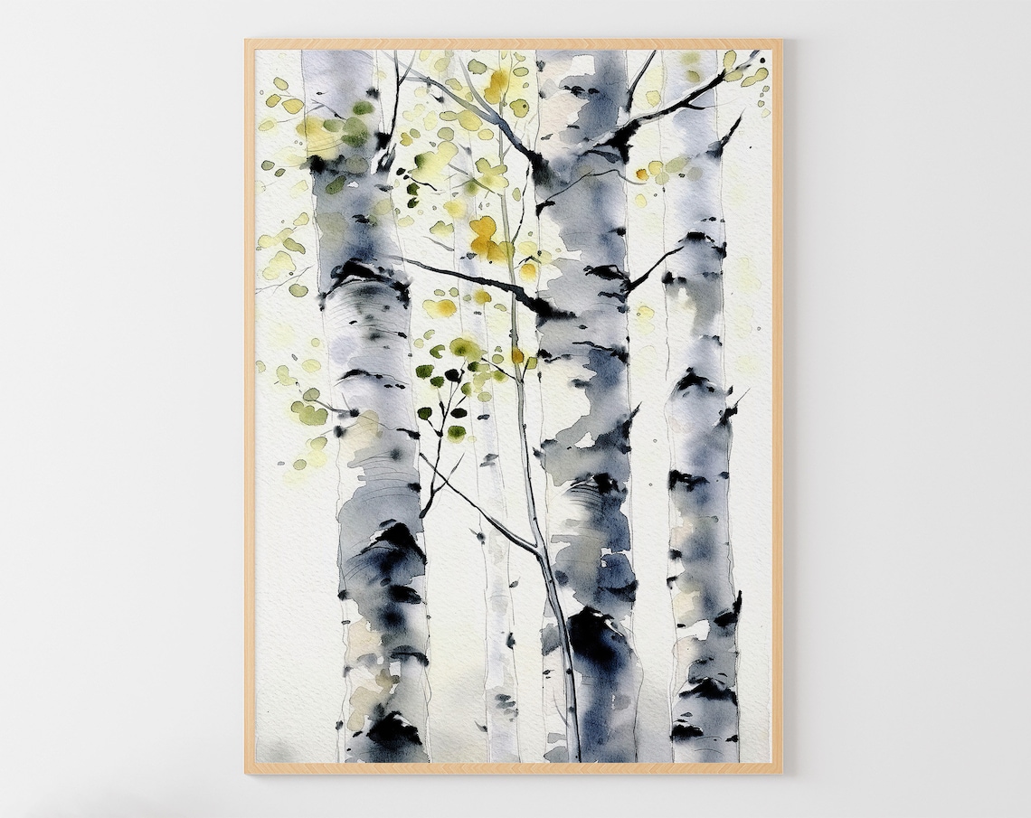 Birch Trees Watercolor Art Print, Spring Birch Grove
