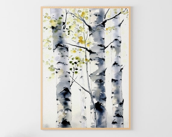 Birch Trees Watercolor Art Print, Spring Birch Grove