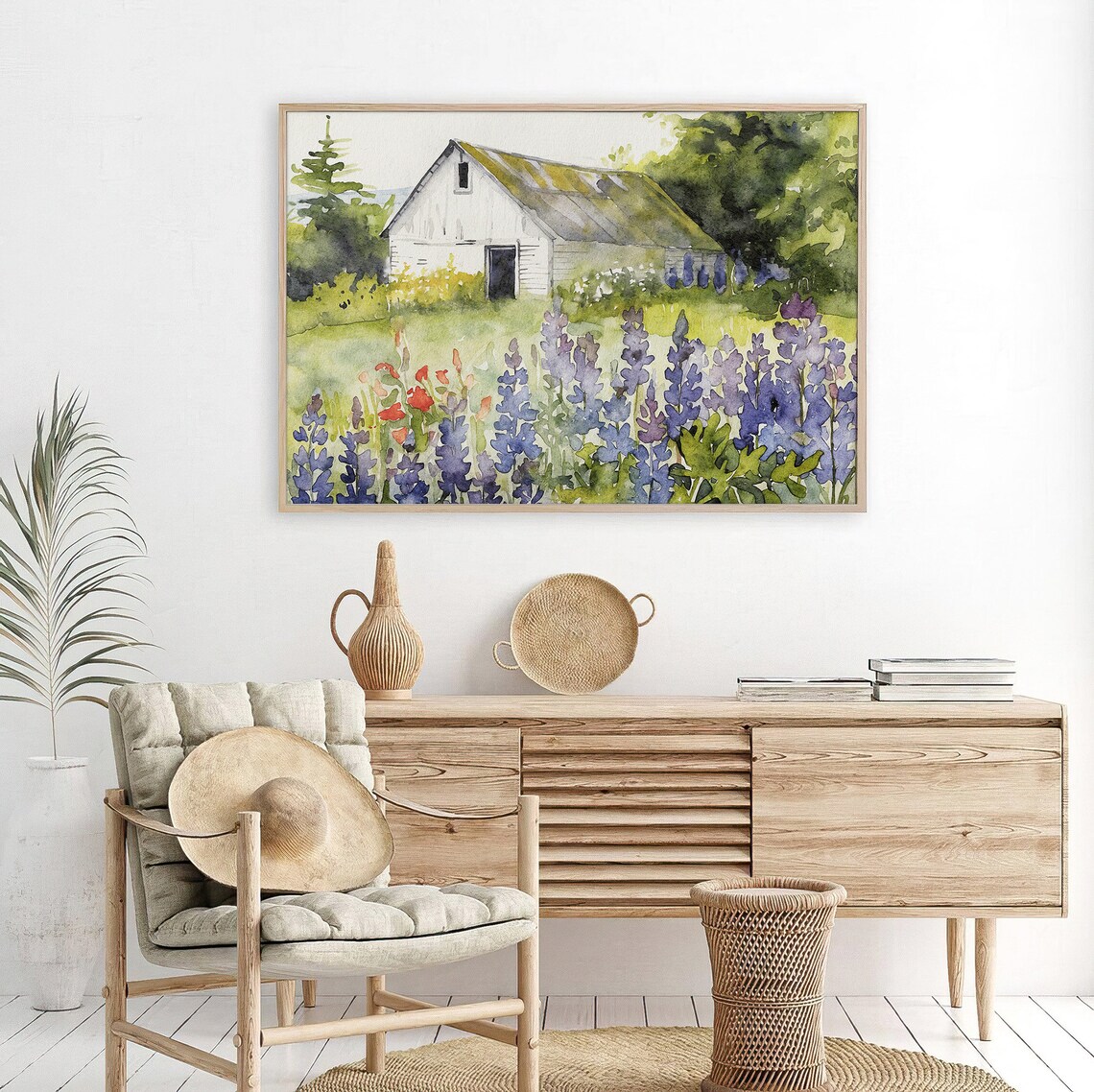 Bluebonnets Field and White Barn Watercolor Art Print - Image 5