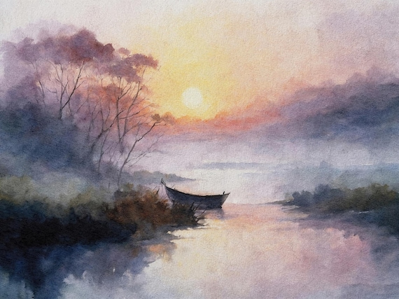 Foggy Sunrise River Watercolor Peaceful Boat Morning Scene Poster