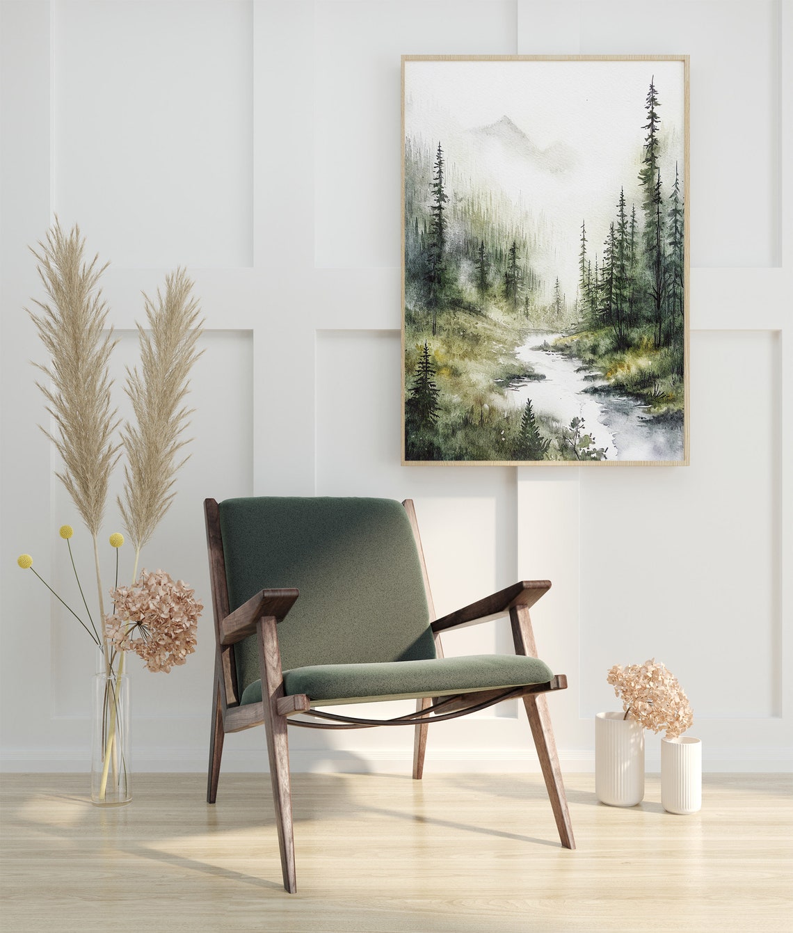 Misty Mountain River Valley Pine Forest Foggy Landscape Art Poster - Image 3