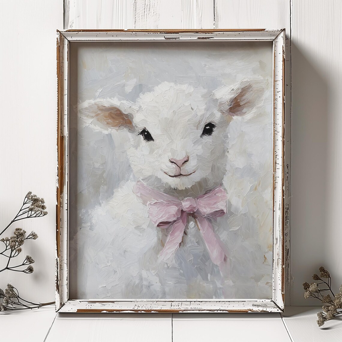 Cute Lamb Oil Painting, Pink Bow Kids Room Art Print - Image 3