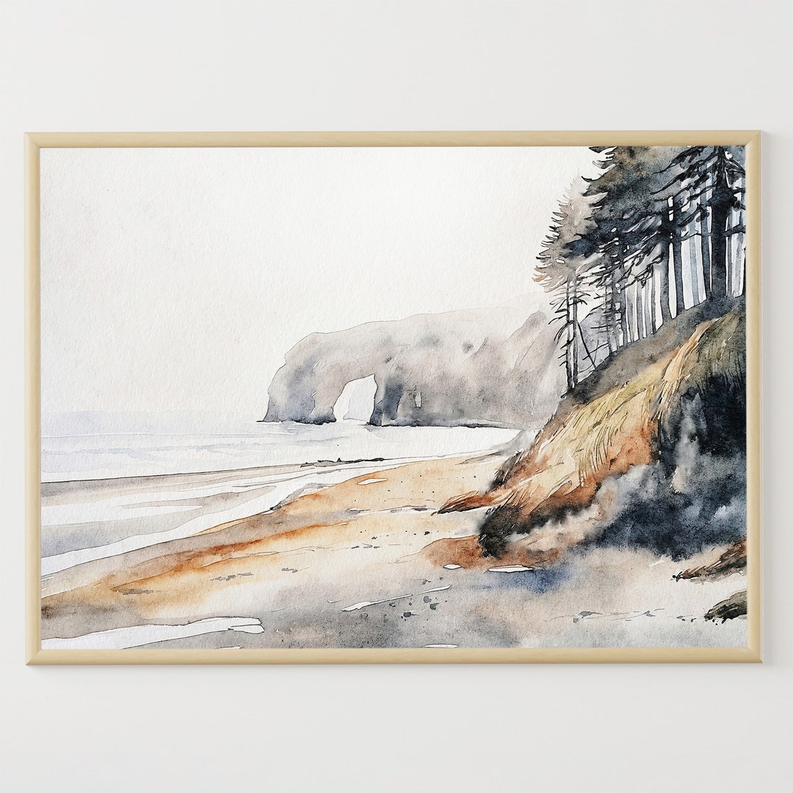 Oregon Coast Arch Rock Watercolor Coastal Landscape Art Poster