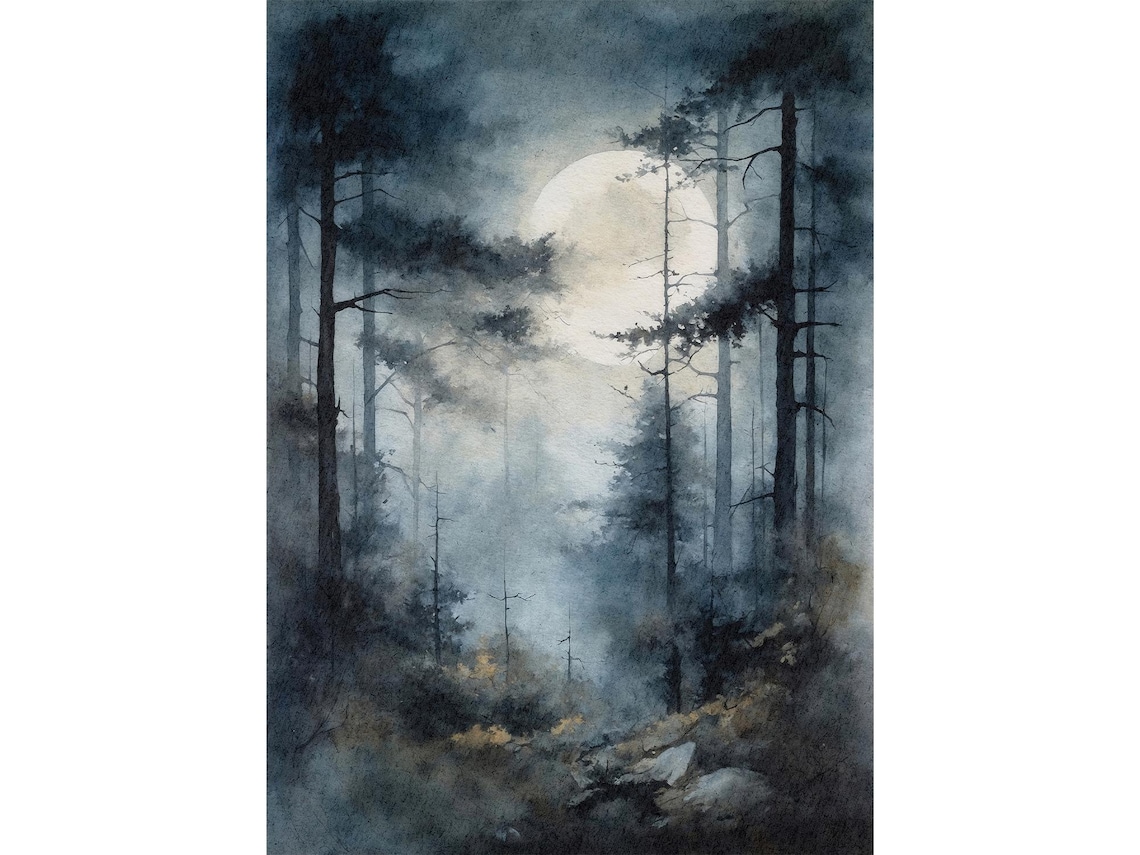 Misty Forest Full Moon Watercolor Tall Pine Trees Night Art Poster