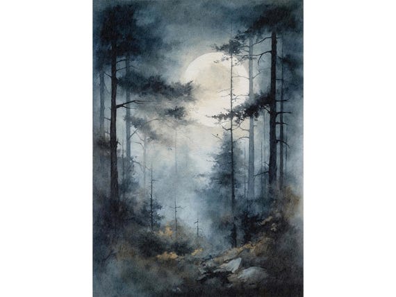 Forest Full Moon Painting Night Sky Watercolor Print Landscape Pine Trees Wall Art Oregon Scenery