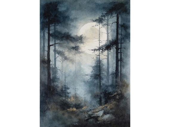 Misty Forest Full Moon Watercolor Tall Pine Trees Night Art Poster