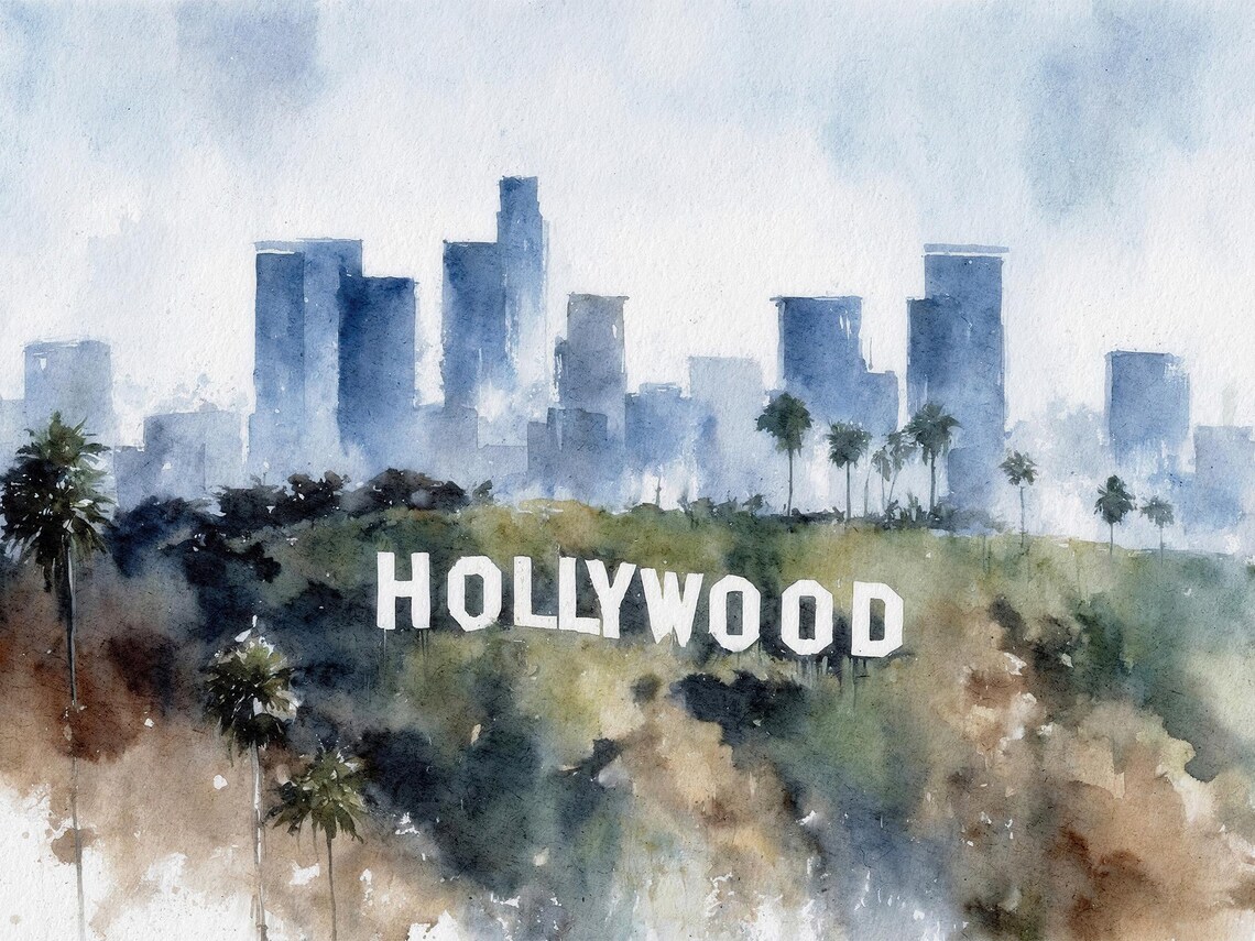 Hollywood Watercolor Art Print Los Angeles Painting Travel Gift La Poster Palm Trees Californian Landscape
