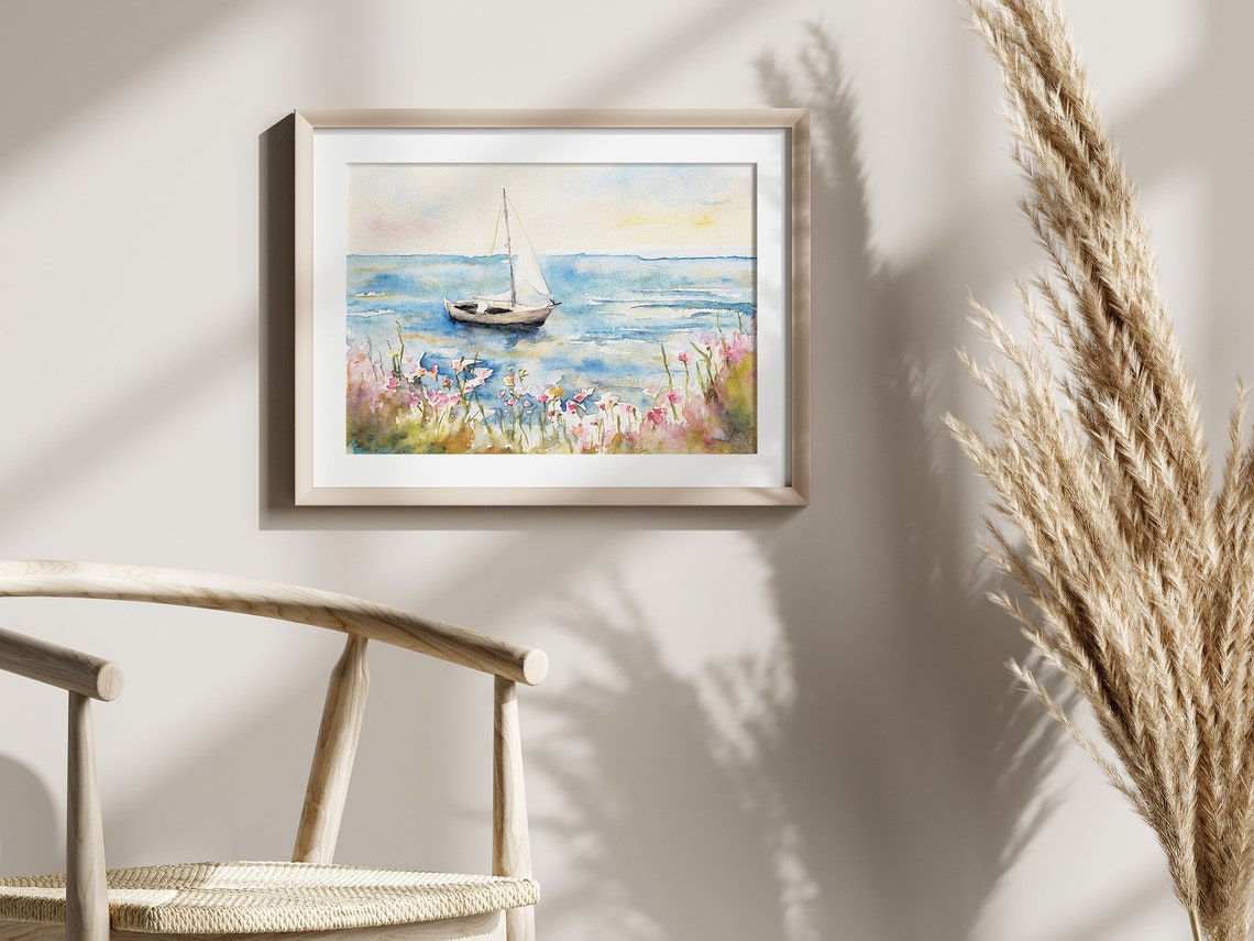 Cape Cod Sailboat Pink Beach Roses Ocean Breeze Watercolor Art Poster - Image 2