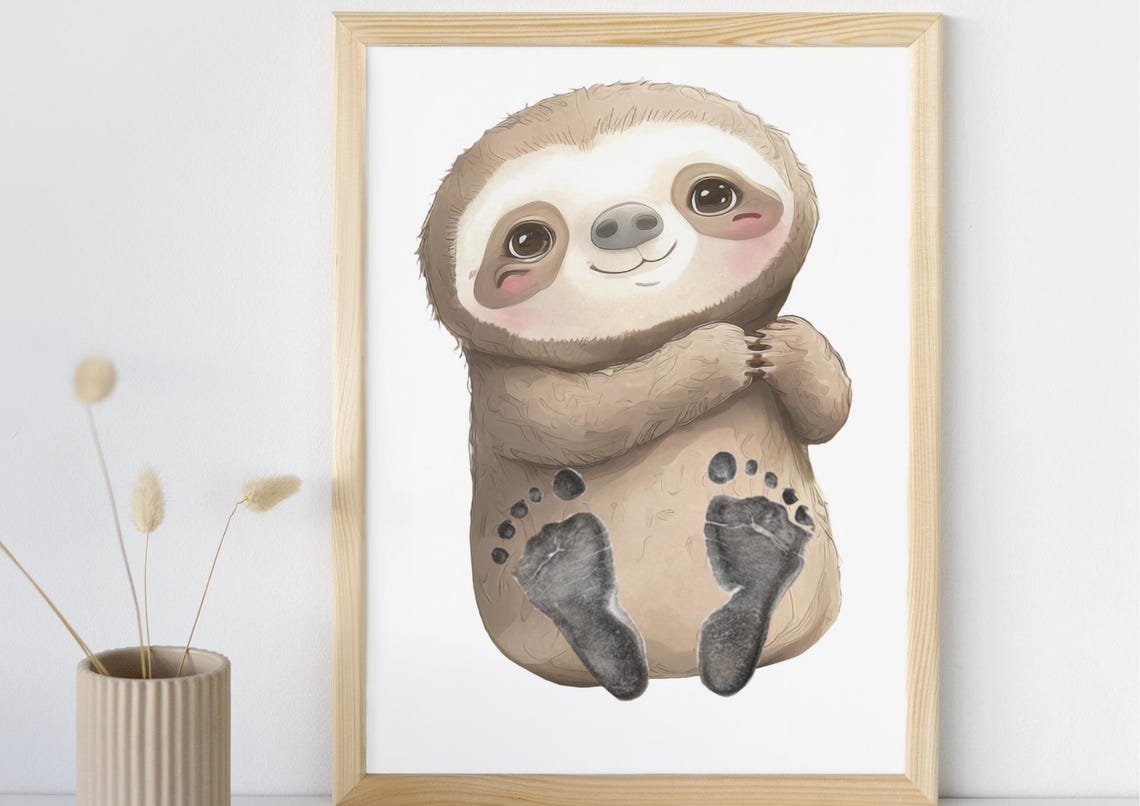 Cute Smiling Sloth With Baby Footprint Nursery Keepsake Poster - Image 4