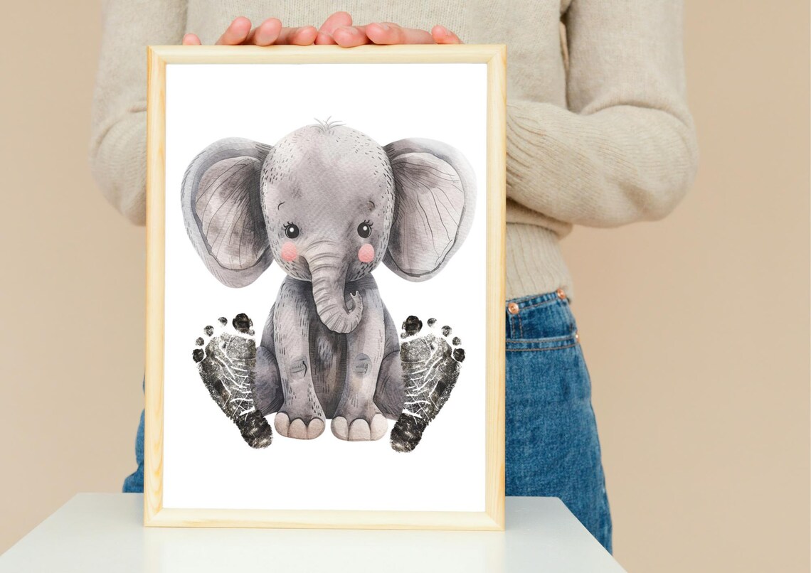 Cute Watercolor Baby Elephant Footprint Nursery Keepsake Poster - Image 4