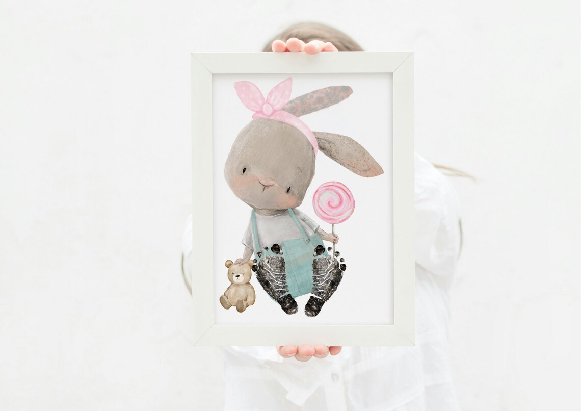 Bunny Girl With Pink Bow Lollipop Teddy Footprint Nursery Poster - Image 2