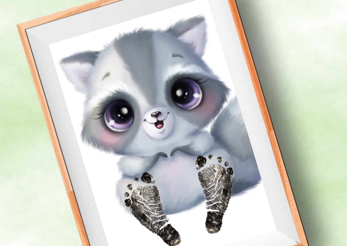 Cute Raccoon With Baby Footprint Belly Nursery Keepsake Poster - Image 3