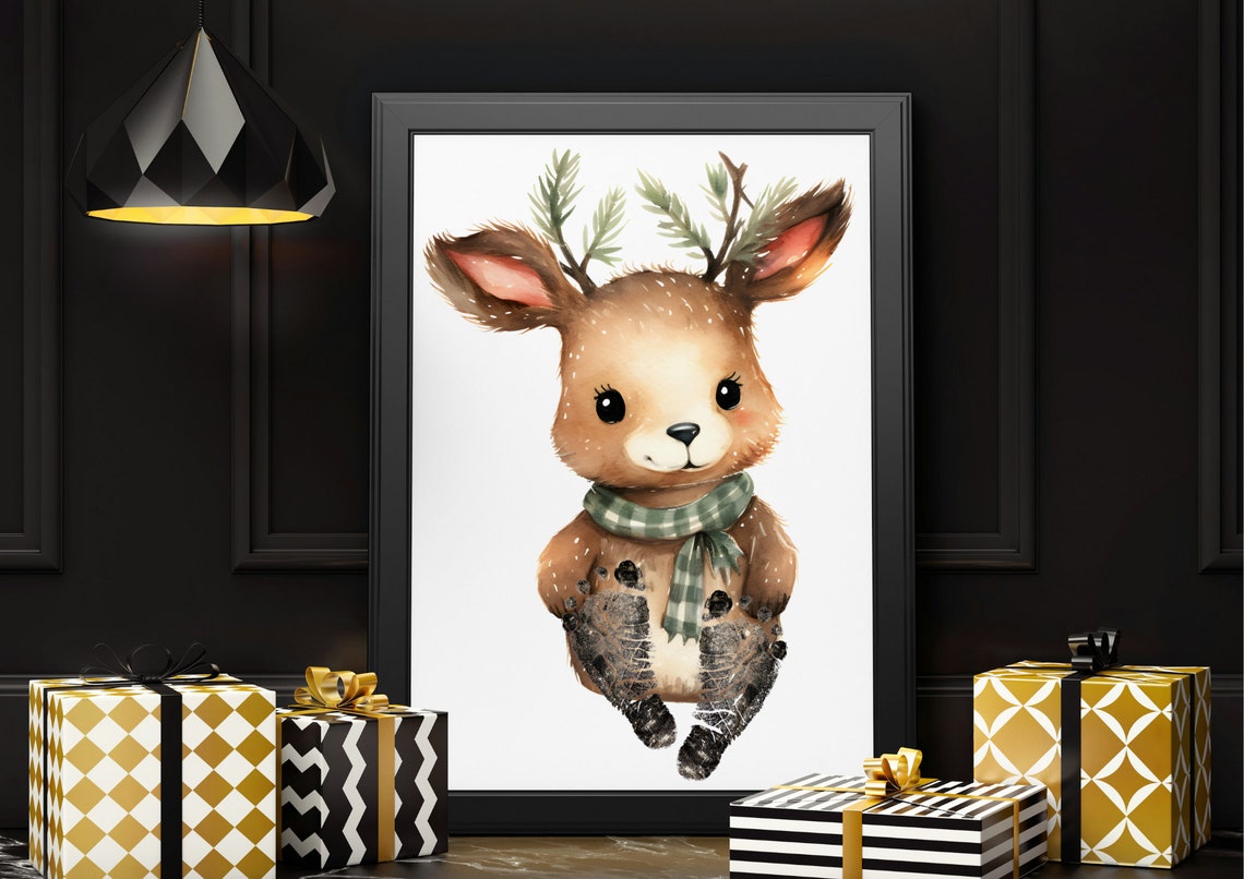 Cute Winter Deer With Green Scarf Baby Footprint Keepsake Poster - Image 2