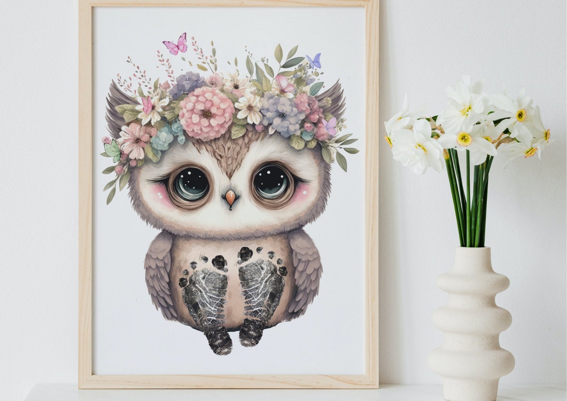 Owl With Flower Crown And Butterflies Footprint Keepsake Poster - Image 3