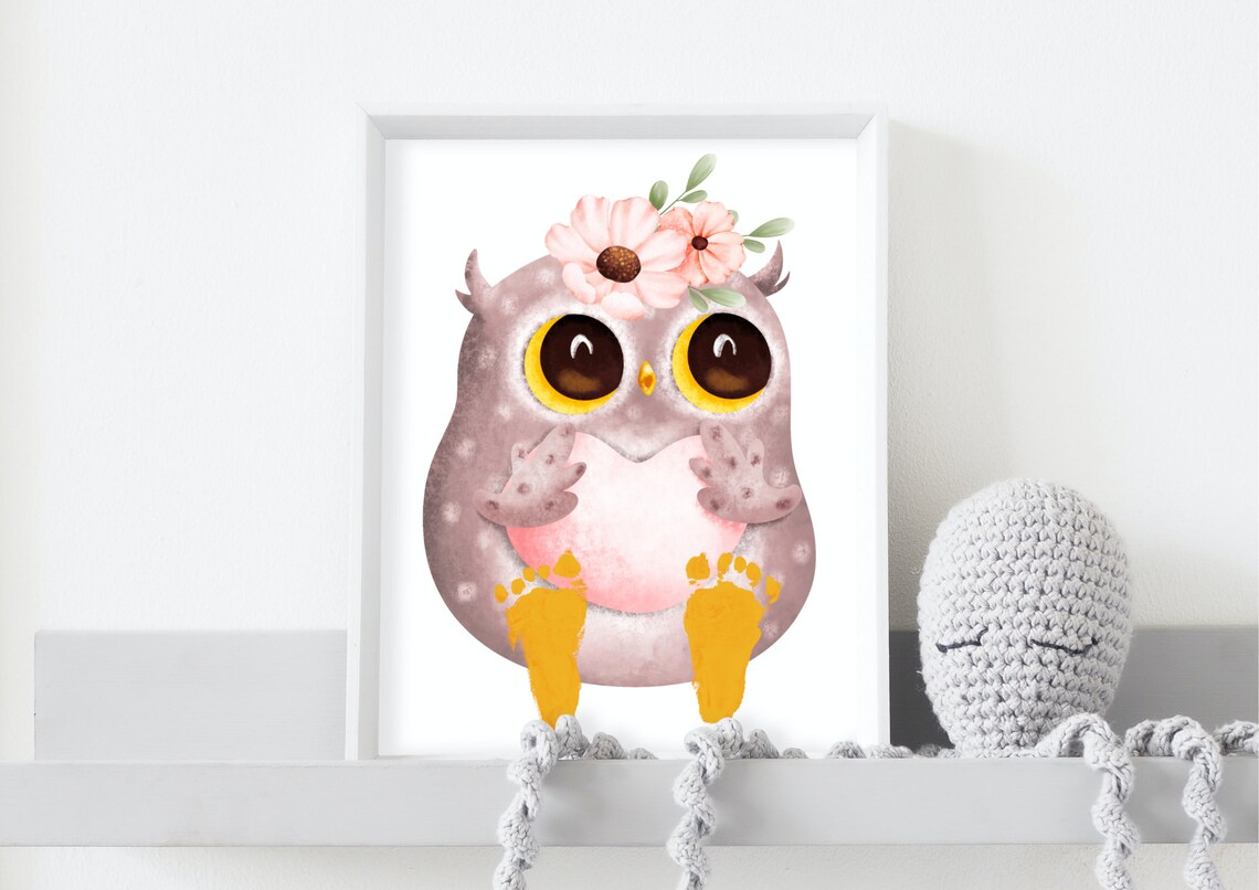 Cute Owl With Flower Crown Yellow Footprint Baby Keepsake Poster - Image 3
