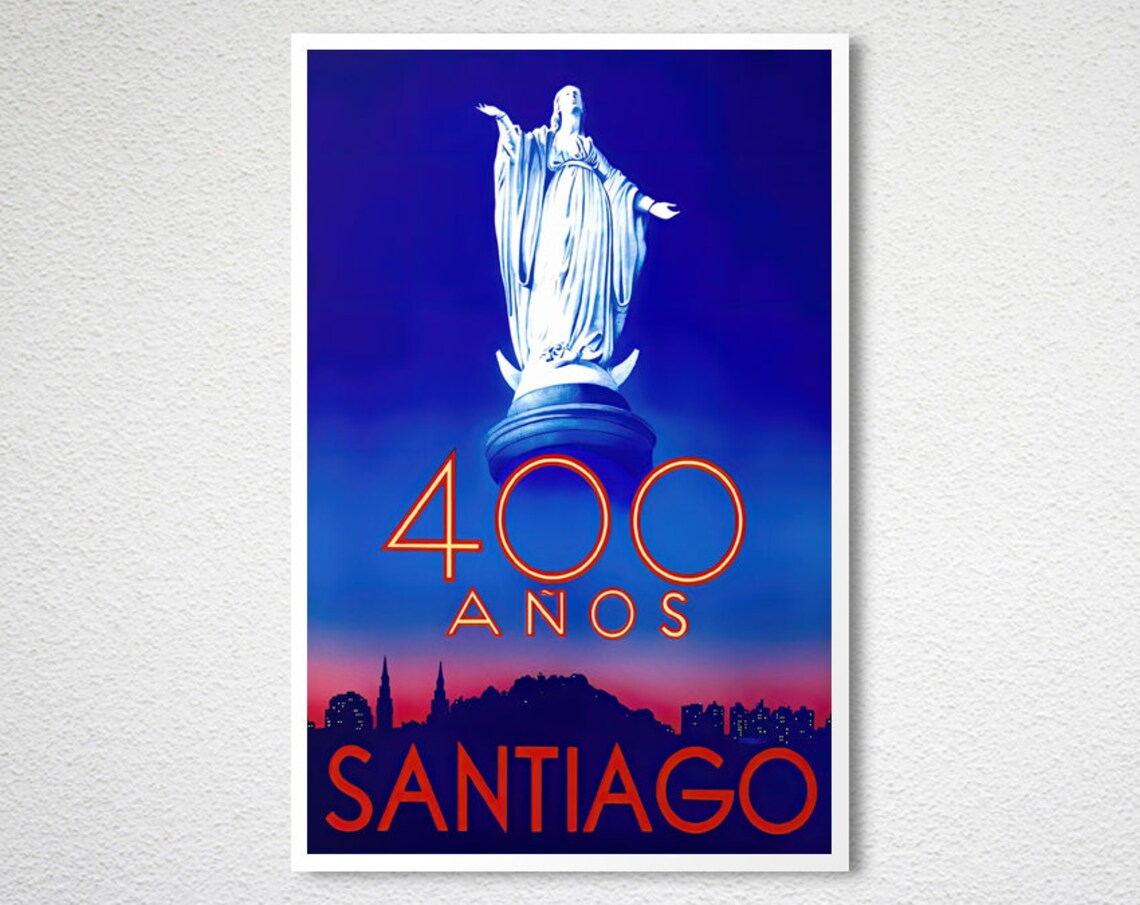 Santiago 400 Anos Virgin Statue Chile Anniversary Travel Poster - Image 2