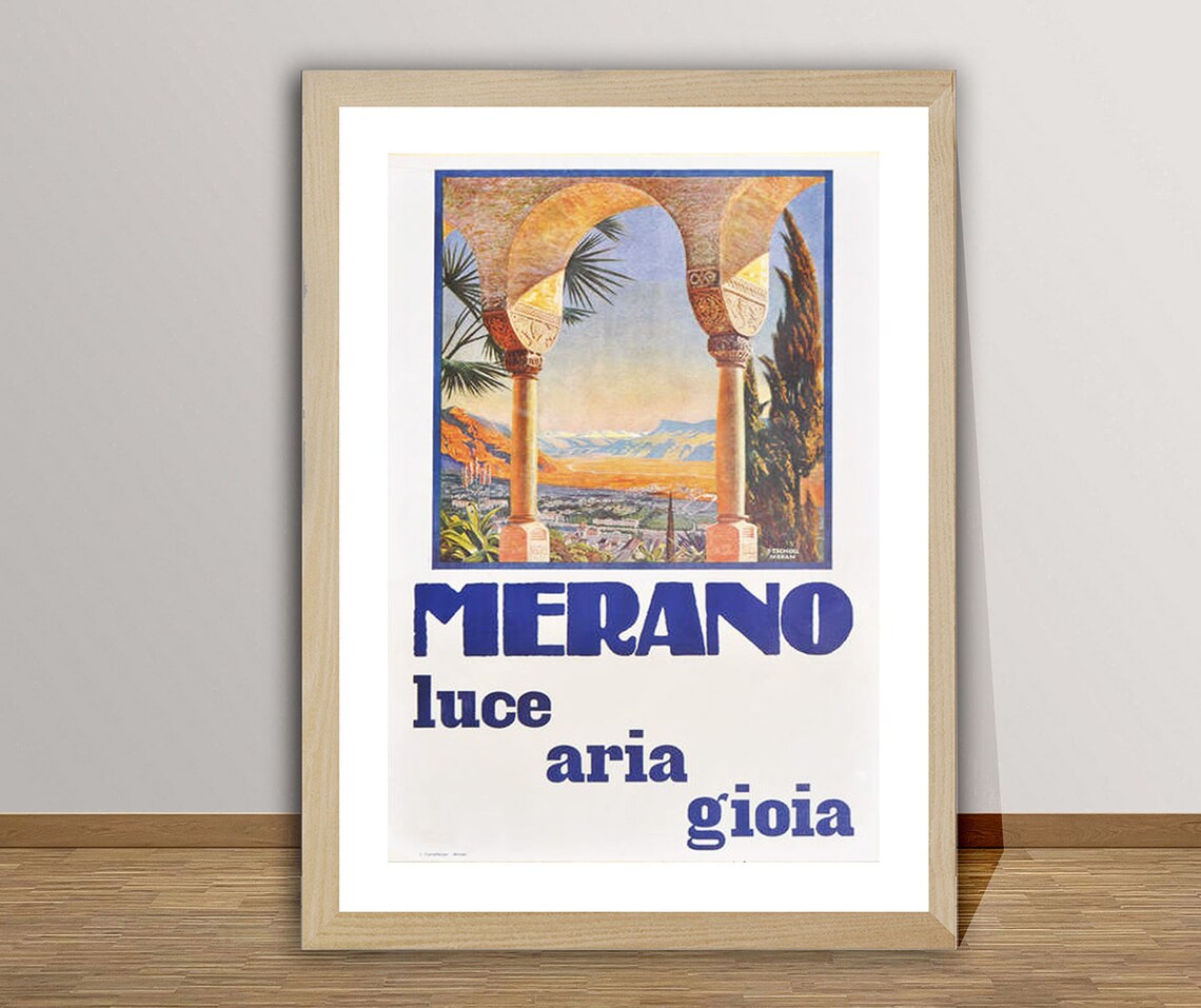 Merano Luce Aria Gioia Vintage Italian Alpine Sunset Travel Poster