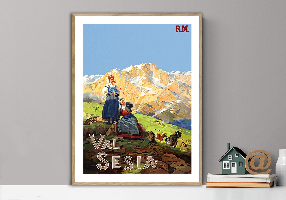 Val Sesia Italian Alps Peasants Mountain Vintage Travel Poster