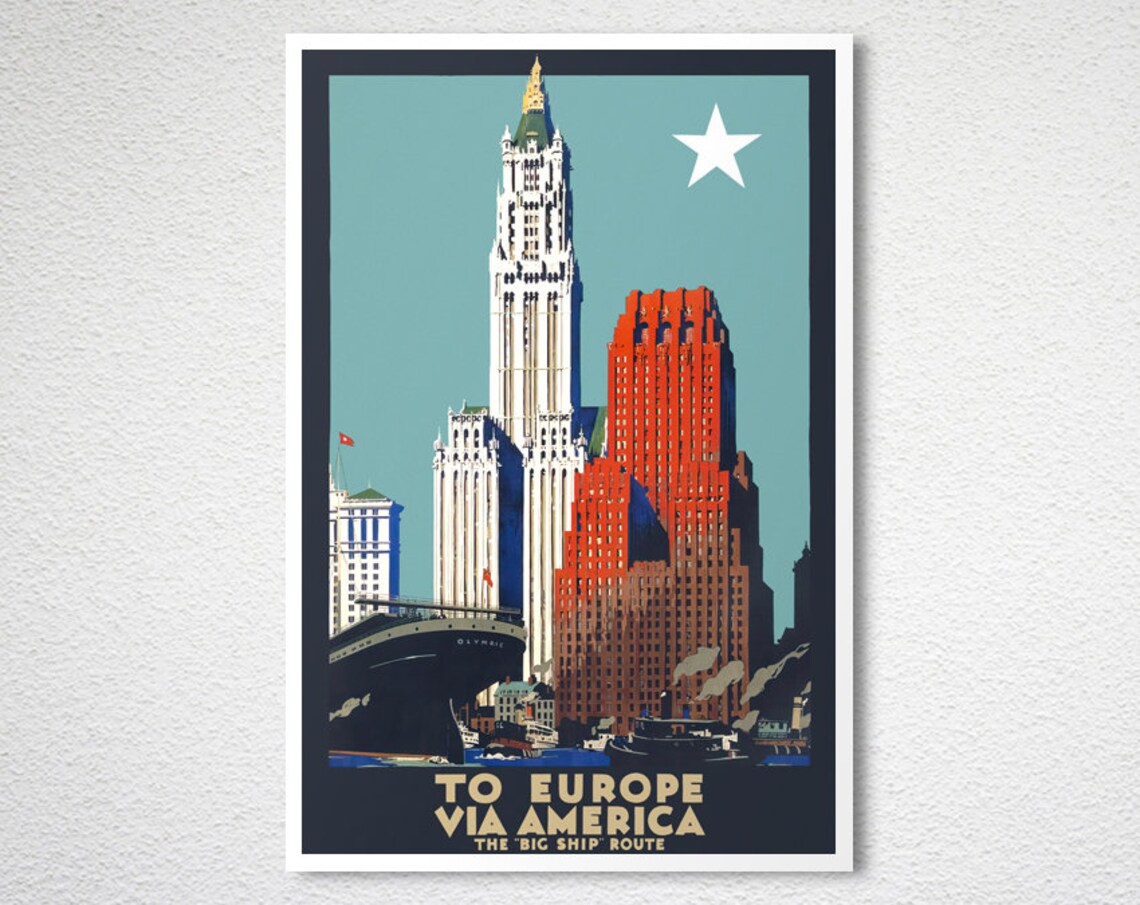 To Europe via America the Big Ship Route New York Travel Poster - Image 2