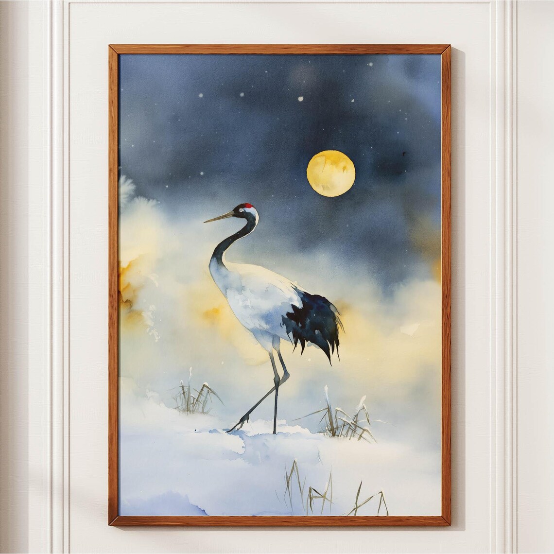 Japanese Crane Winter Moon Watercolor Bird Painting Zen Poster