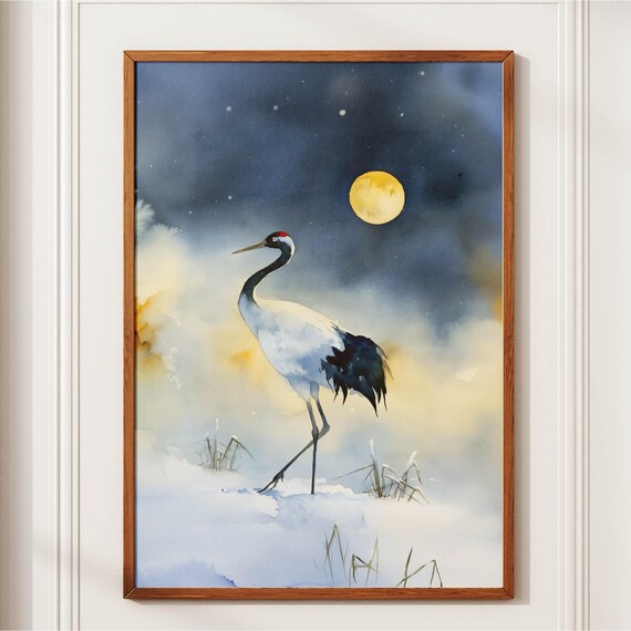 Cranes Wall Art Japanese Crane Print Zen Winter Moon Poster Sumie Watercolor Bird Painting Wabi Sabi Home Decor Lover Gift