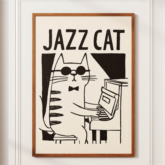 Jazz Cat Piano Print Art Deco Naive Music Room Wall Cool Club Poster Funny Lover Gift Black White Retro New York