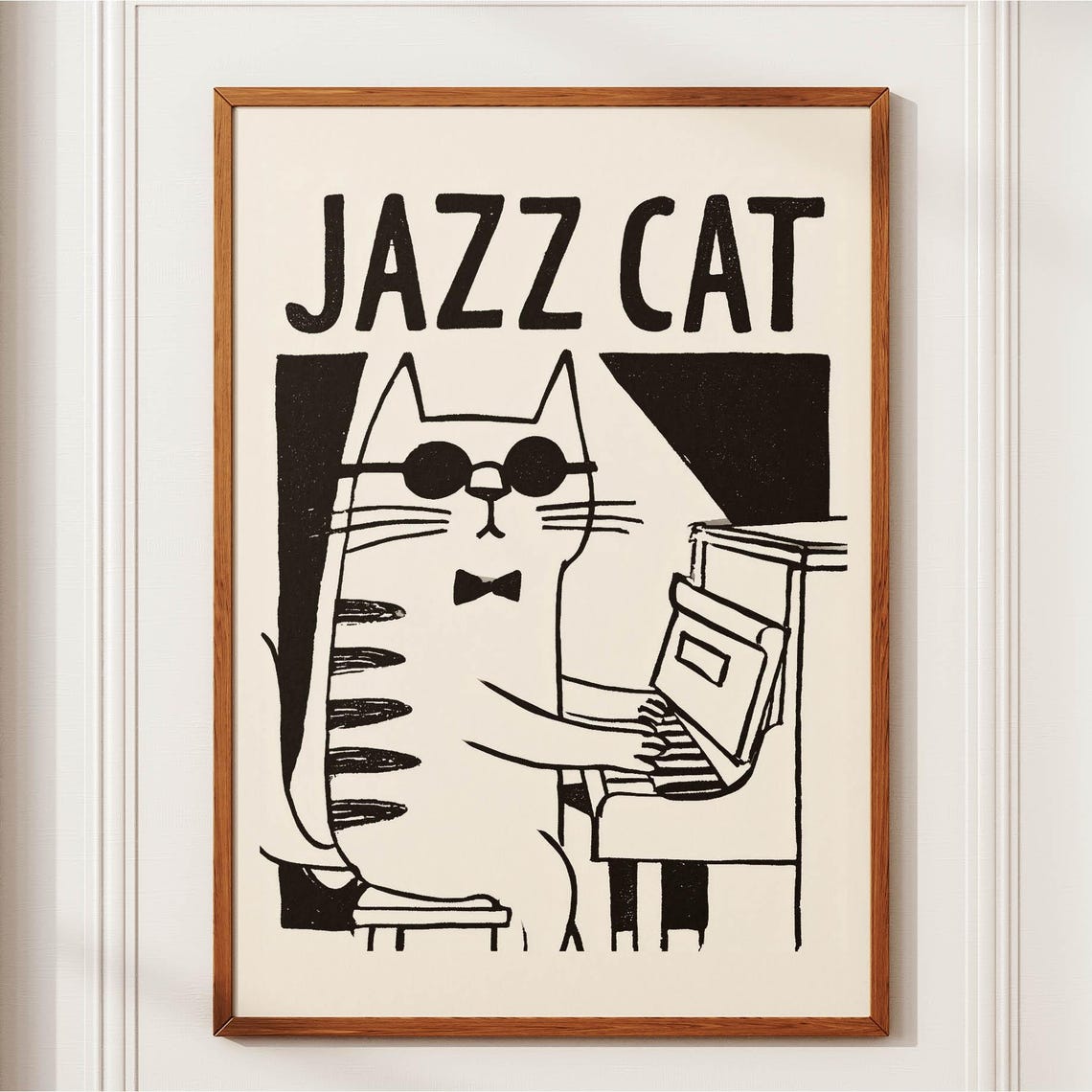 Jazz Cat Piano Playing Black and White Naive Art Deco Poster