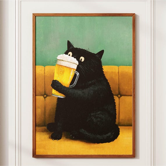 Black Cat Beer Poster Funny Pub Wall Art Vintage Oil Painting Print Bar Cart Decor Lover Gift Home