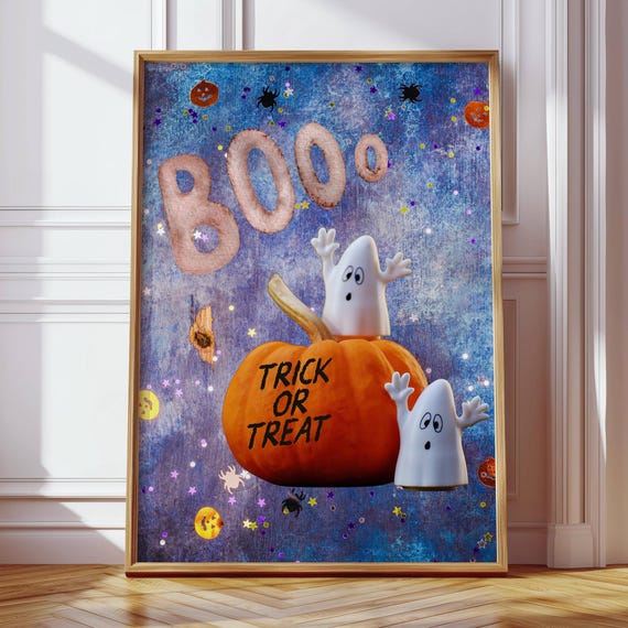 Cute Halloween Poster Boo Pumpkin Trick Or Treat Wall Art For Kids Party Decor