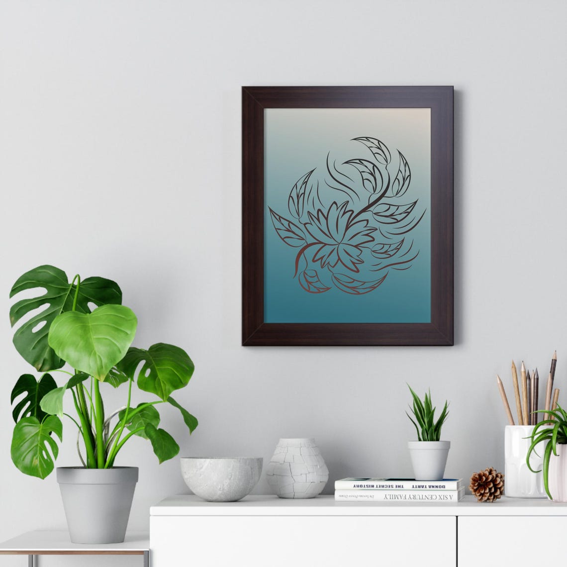 Minimalist Lotus Line Drawing Blooming on Soft Teal Gradient Poster - Image 4