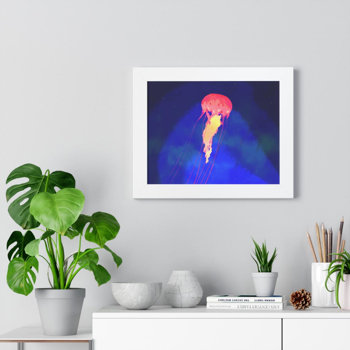 Glowing Pink Jellyfish Drifting in Deep Blue Ocean Framed Poster - Image 4