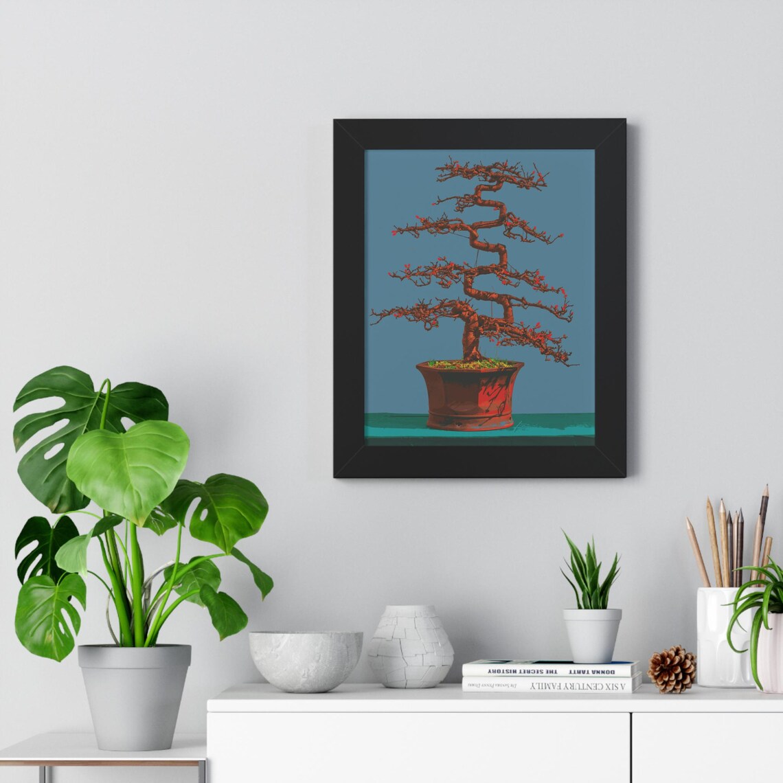 Elegant Red Blossom Bonsai Tree on Teal Background Framed Poster - Image 2