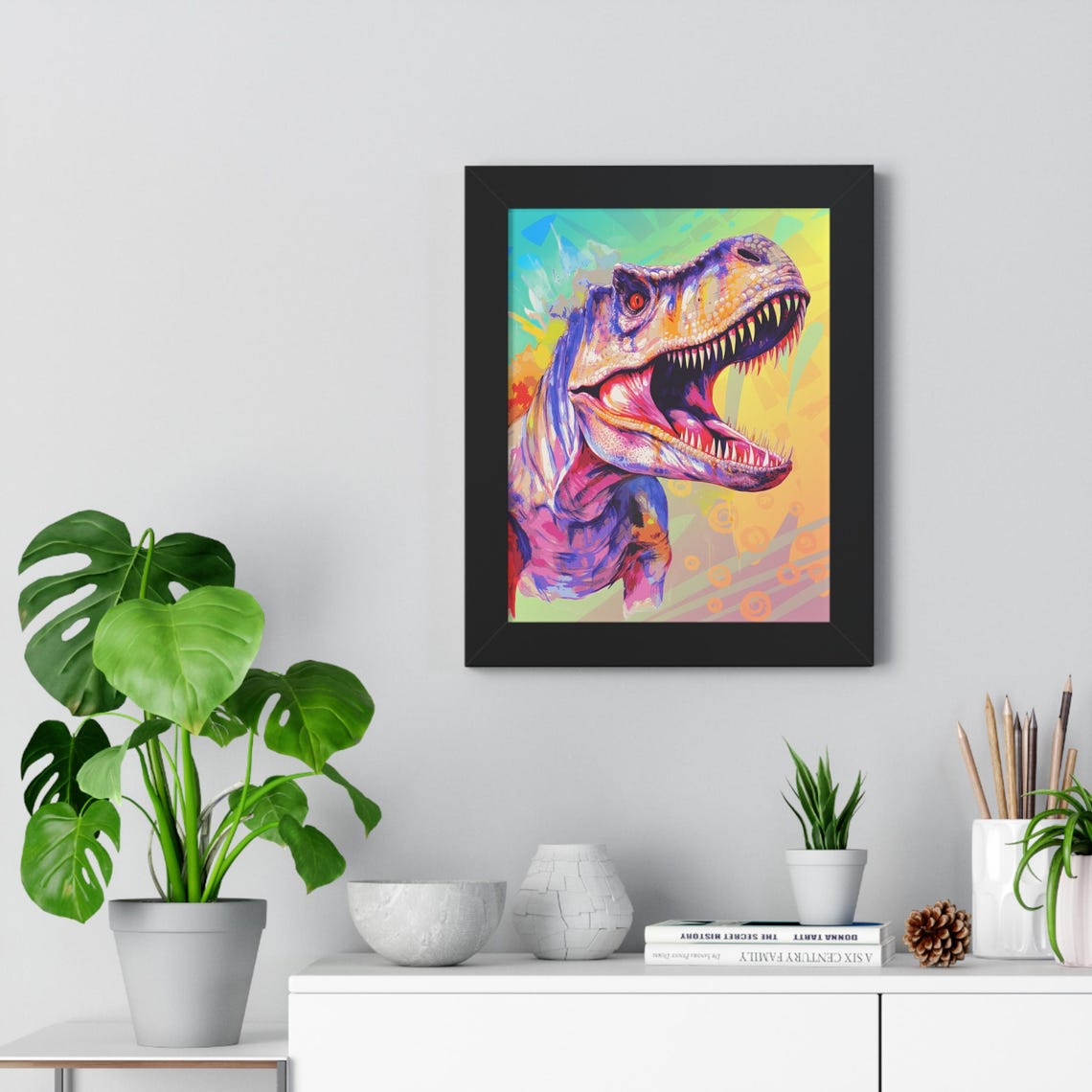 Roaring T-Rex Head in Neon Pop Art Colors Fierce Dinosaur Poster - Image 4