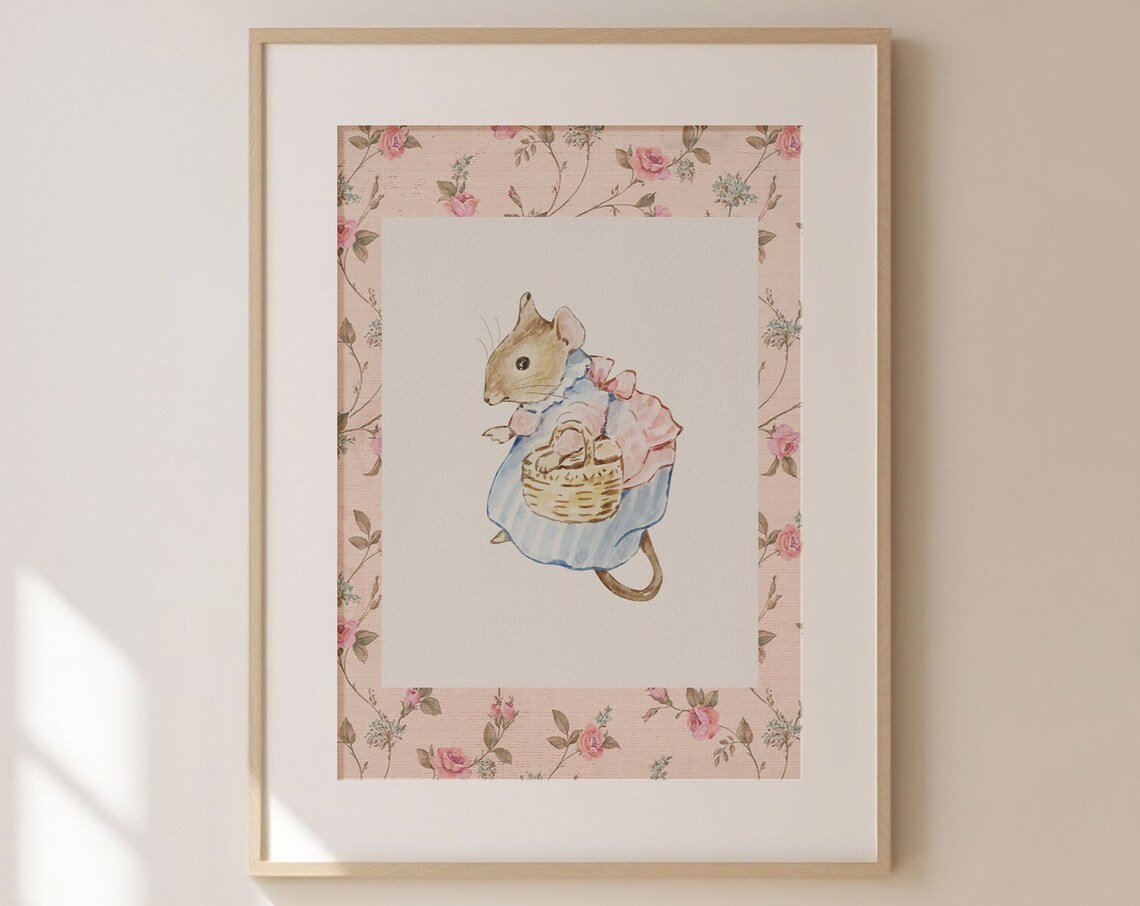 Picnic Mouse with Basket Storybook Floral Nursery Art Poster