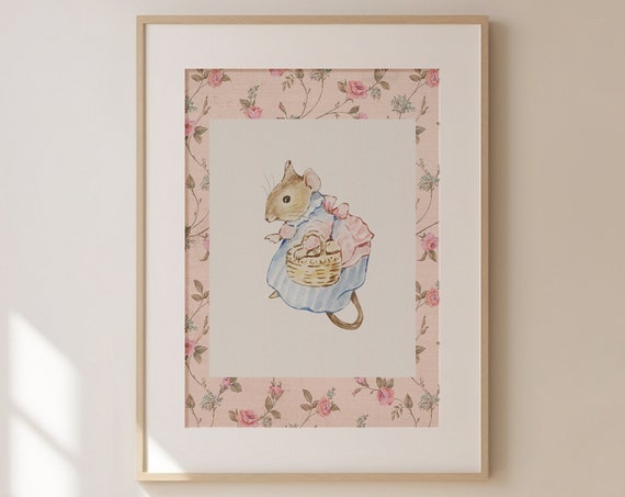 Picnic Mouse Print Wall Art Trendy Decor Abstract Vintage Painting Products Blue Toile Nursery Decor Vintage