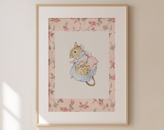 Picnic Mouse with Basket Storybook Floral Nursery Art Poster